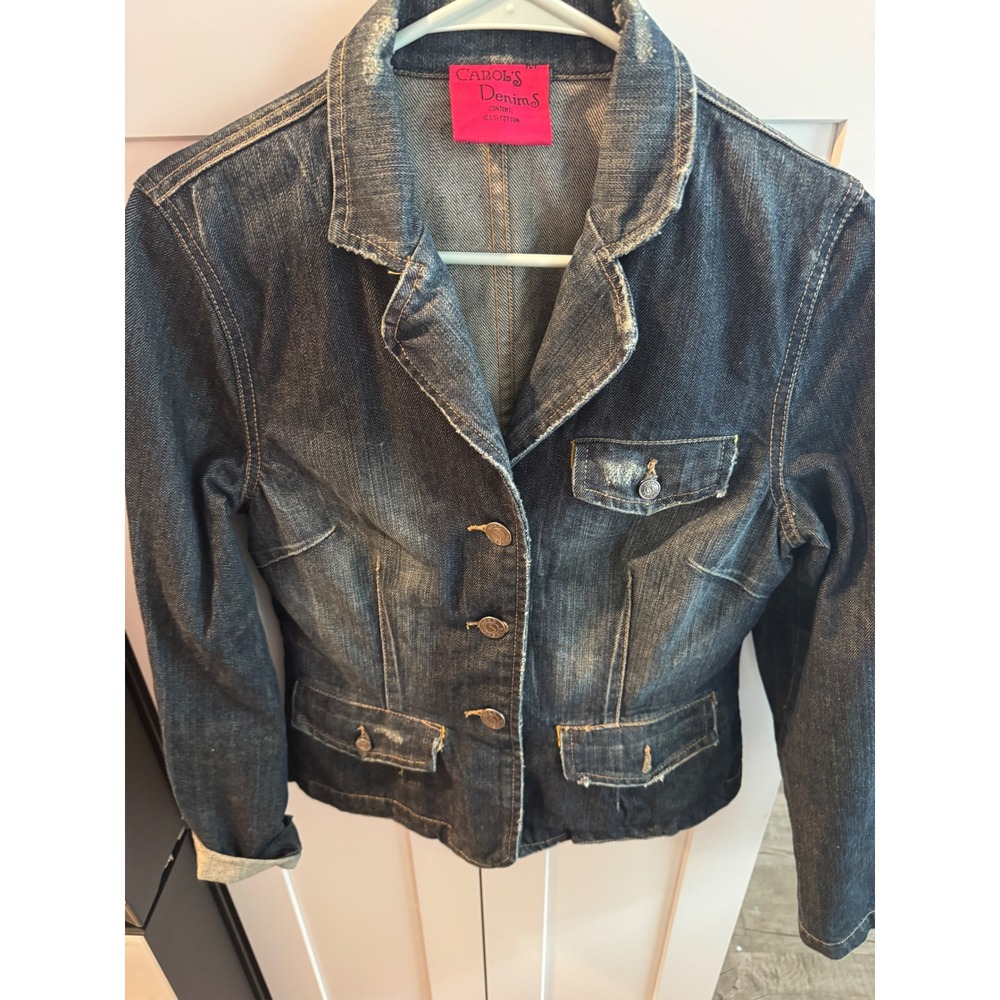 Carols Denims Womens Dark Wash Distressed Denim Blazer Jacket Cotton Blue Medium